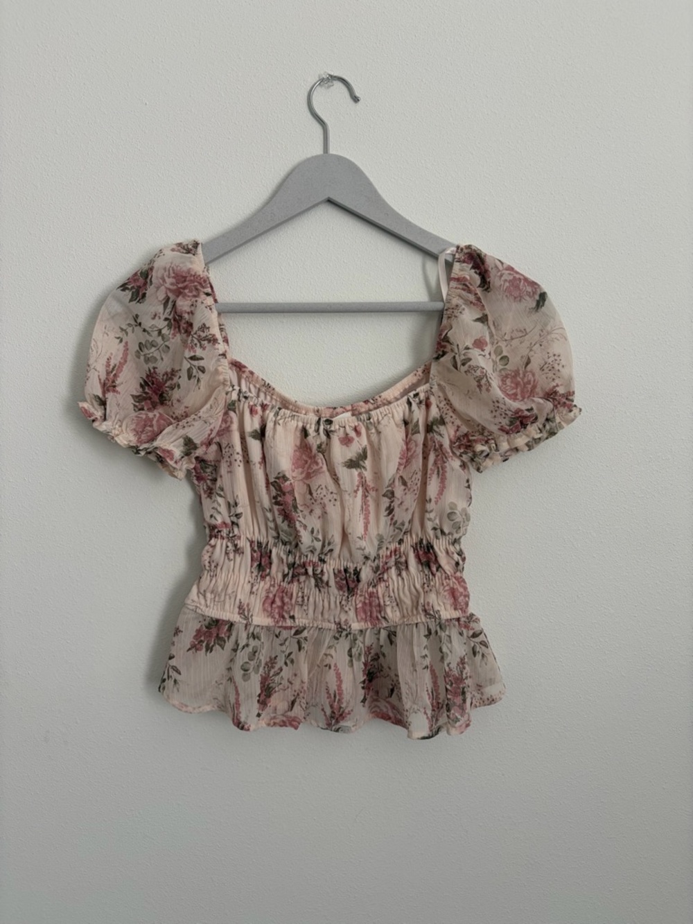 Trixxi Floral Puff-Sleeve Smocked Waist Top - Pink